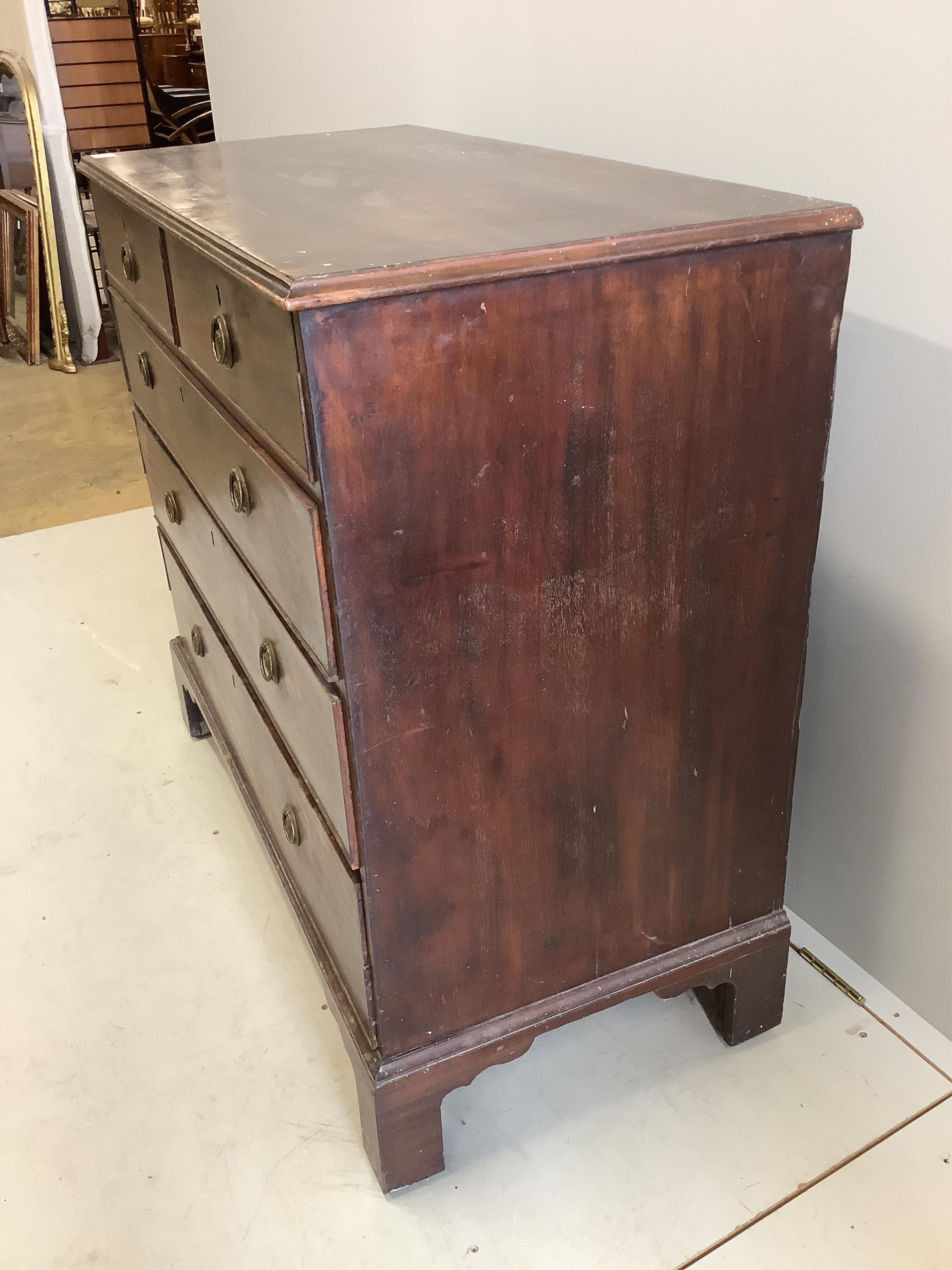 A George III mahogany five drawer chest, width 107cm, depth 51cm, height 98cm. Condition - poor